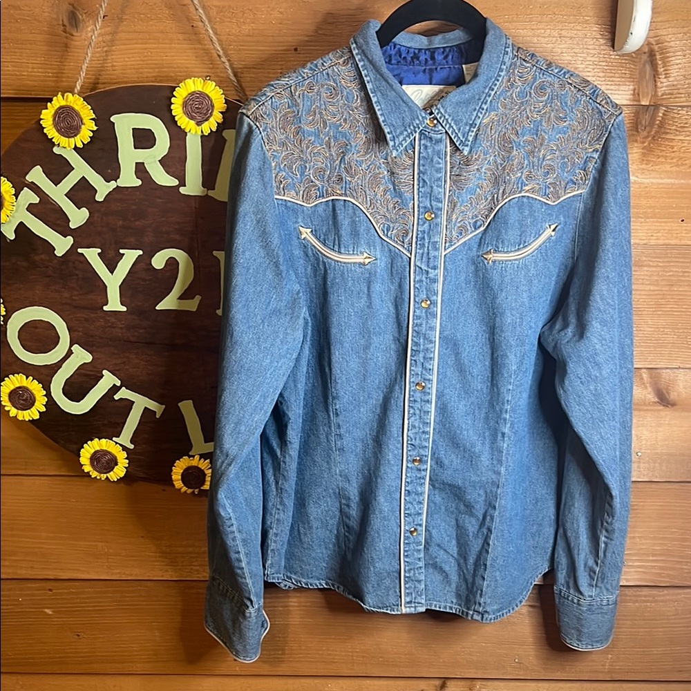 Vintage Roper Western Denim Pearl Snap Embroidered Satin Button Shirt Cowgirl XL